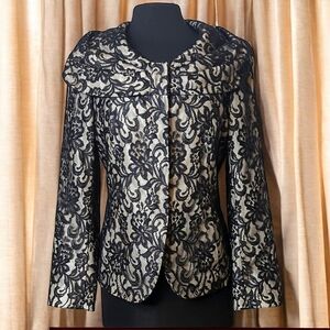 Lafayette 148 Black Lace Jacket Champagne Underlay Pleated Shawl Collar 8